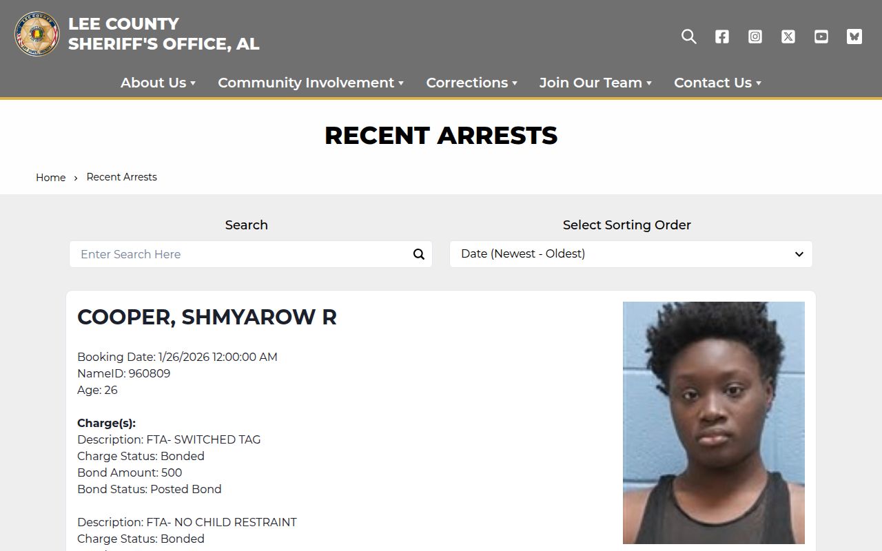 Lee County Sheriff inmate search for Auburn jail mugshots
