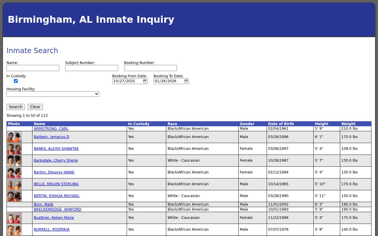 Jefferson County inmate search for Birmingham jail mugshots