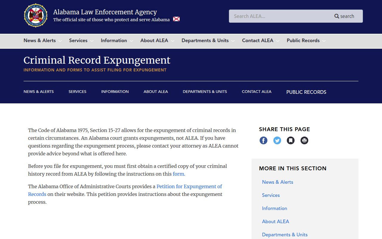 ALEA expungement information for removing Alabama criminal records